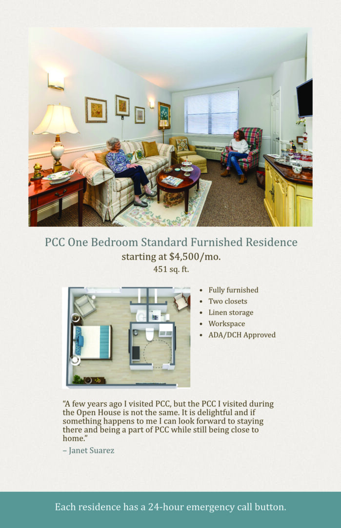 A flyer with two people sitting in a living room.