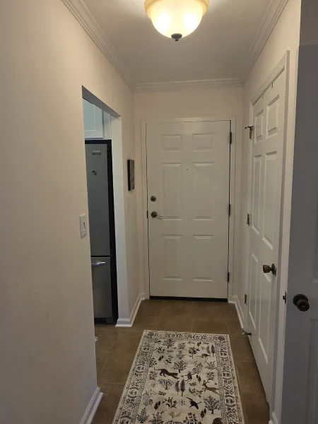 Narrow entry hallway with a white front door at the end, beige walls, and a decorative runner rug on a tiled floor, with a ceiling light above.