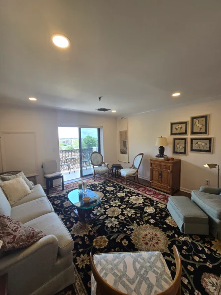 Living room with a patterned black floral rug, beige sofa, and wooden chairs facing a balcony door. Framed horse prints line the wall beside a wooden cabinet.