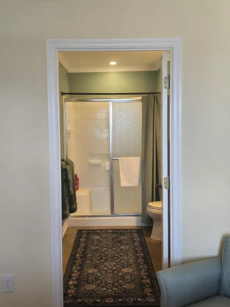 View into a bathroom from a doorway: green walls, frosted glass shower door, white tile shower, and a dark patterned rug runner in the hall.