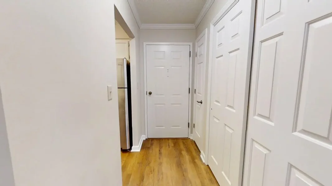 Narrow hallway with white panel doors on the right, a front door at the end, and a light wood floor.