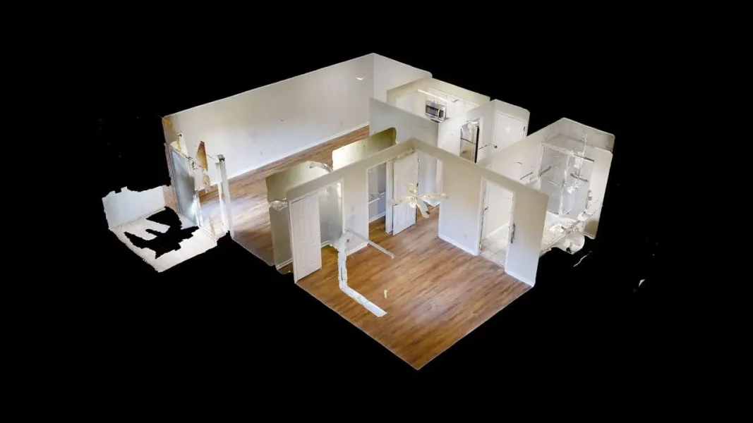 3D cutaway rendering of a home interior showing multiple rooms with wood floors and white walls, accessed from a central area.
