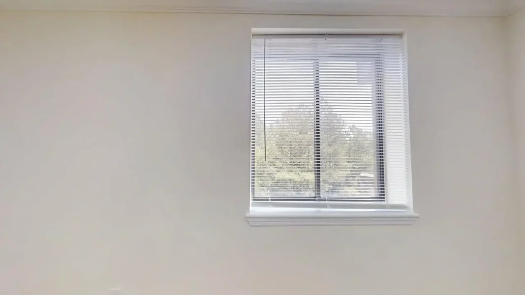 Single interior wall with a white-framed window and horizontal blinds, view of trees outside.