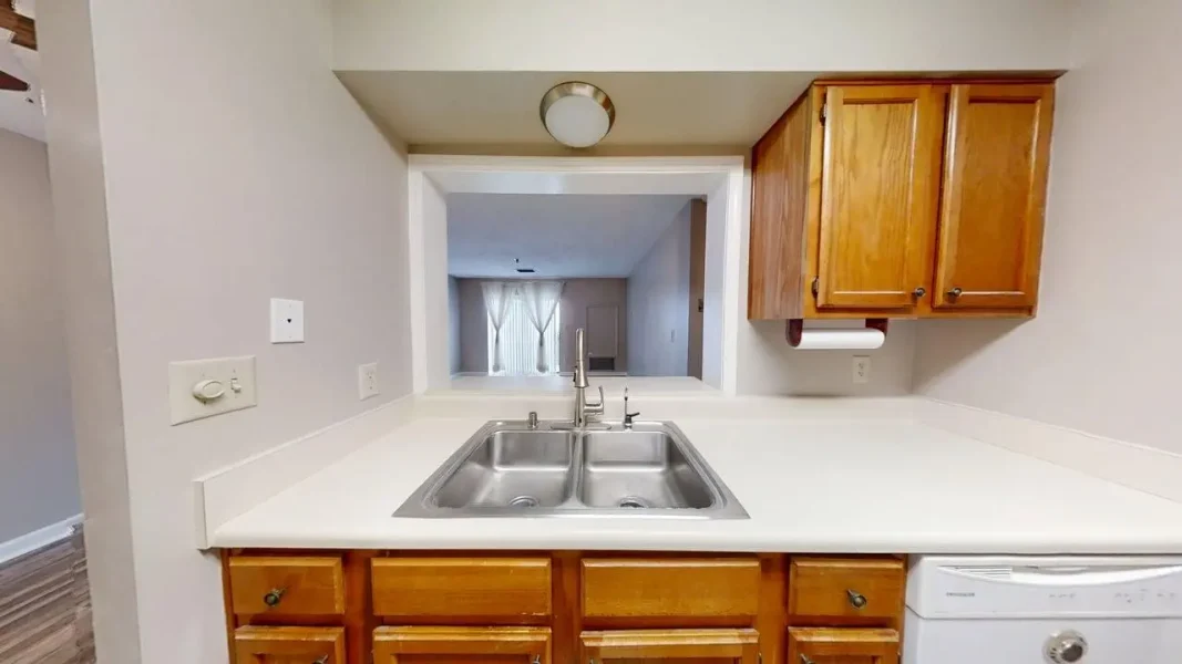 Kitchen counter with a double stainless steel sink, white countertops, and wooden cabinets; dishwasher to the right. Pass-through to living room behind the sink.