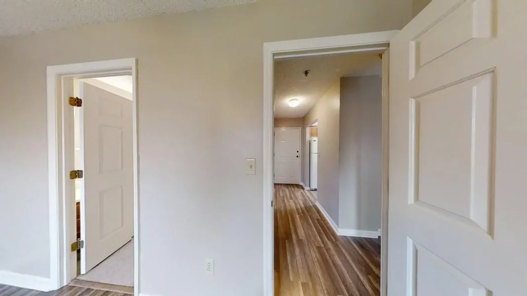 Interior hallway with light gray walls, white doors, and wood-look flooring; doorway leads to another room and kitchen area in distance