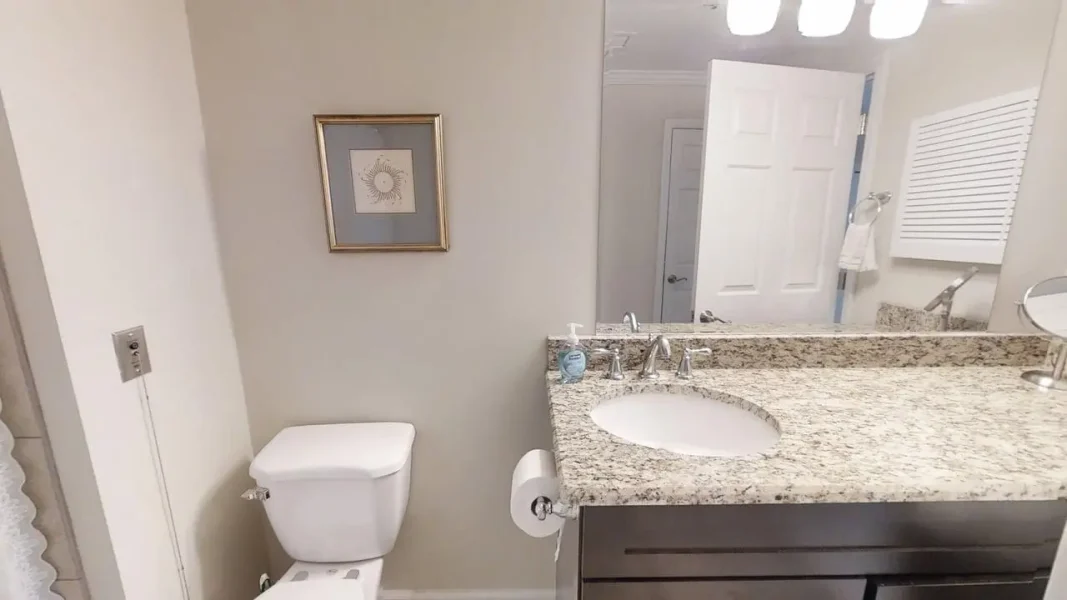 Bright bathroom with a granite countertop, single sink, and chrome faucet; toilet nearby and a framed picture on the wall.