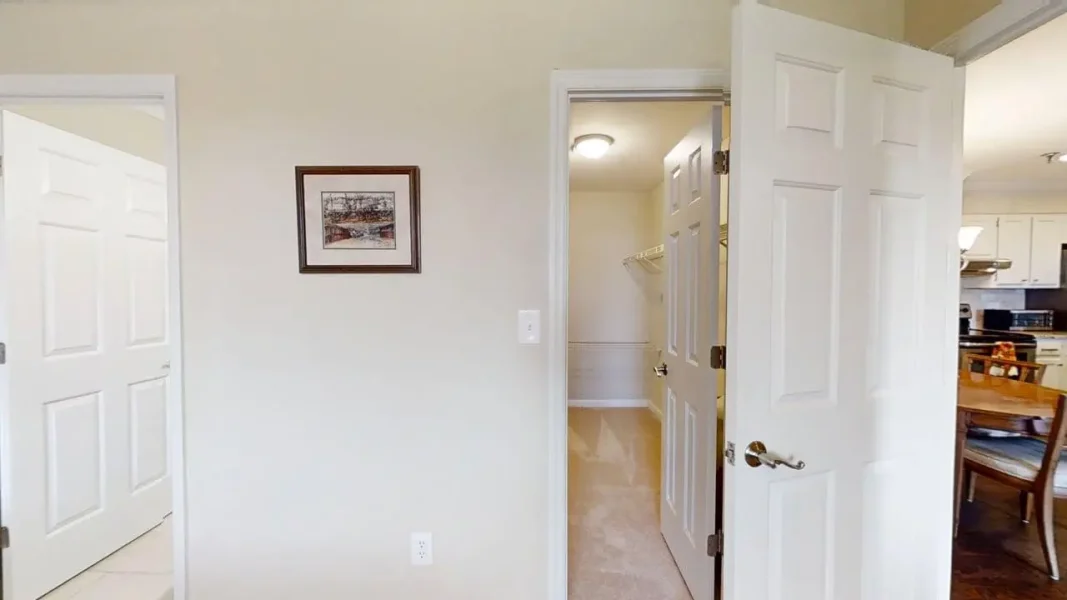 Interior hallway with open doors: a closet with wire shelving visible in the far doorway and a framed landscape picture on the beige wall to the left.