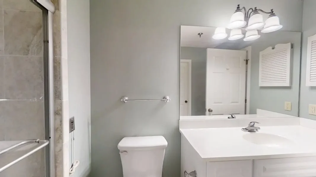 Bathroom with white vanity and sink, large wall mirror, toilet, towel bar, and glass-enclosed shower on the left.