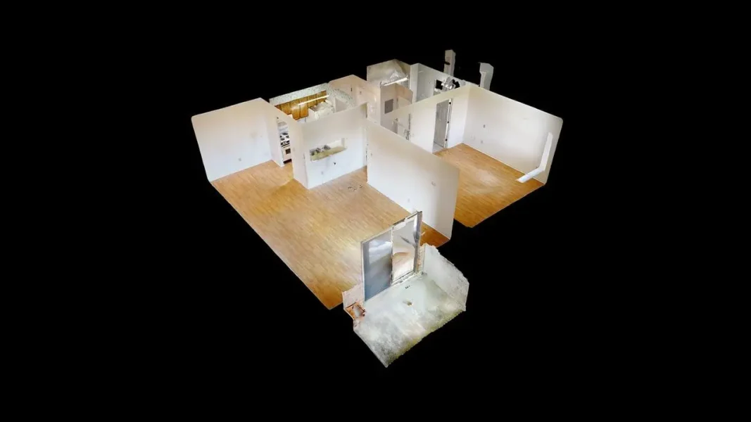 3D floor-plan view of an empty apartment with white walls and light wood floors, showing multiple connected rooms and doorways